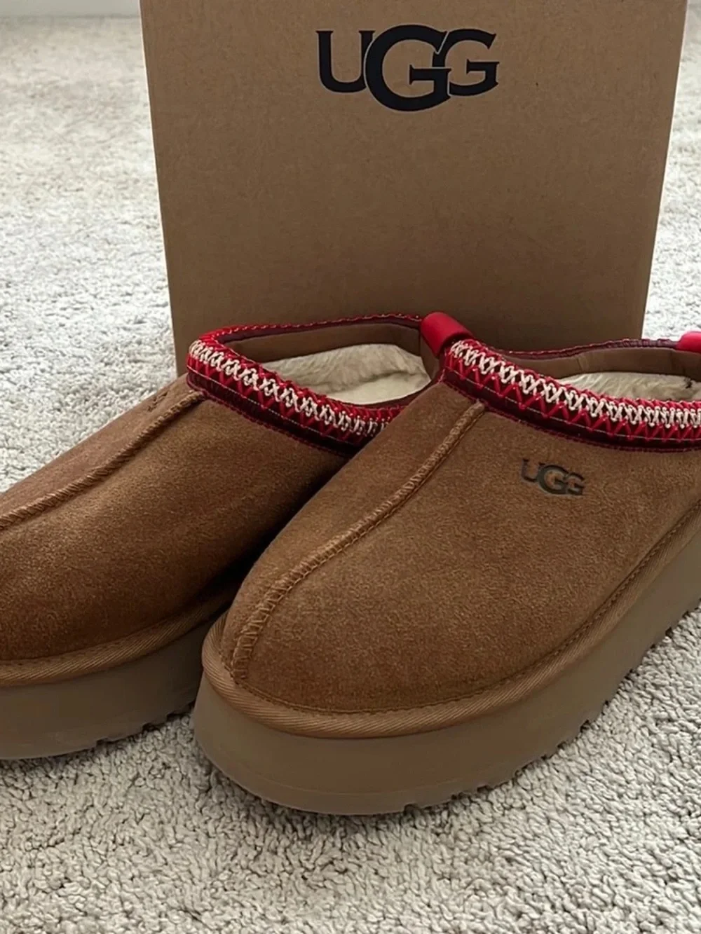 UGG Brown Suede Platform Clog with Red Trim